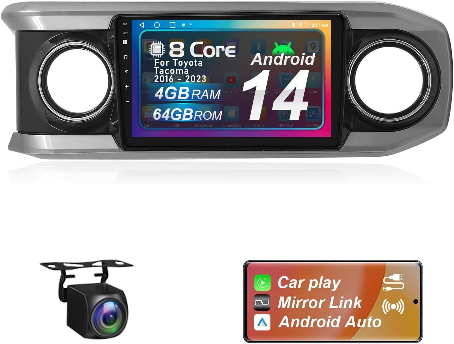 10.1in Android 13 Car Stereo Wireless CarPlay Android Auto Toyota Tacoma GPS Kit
